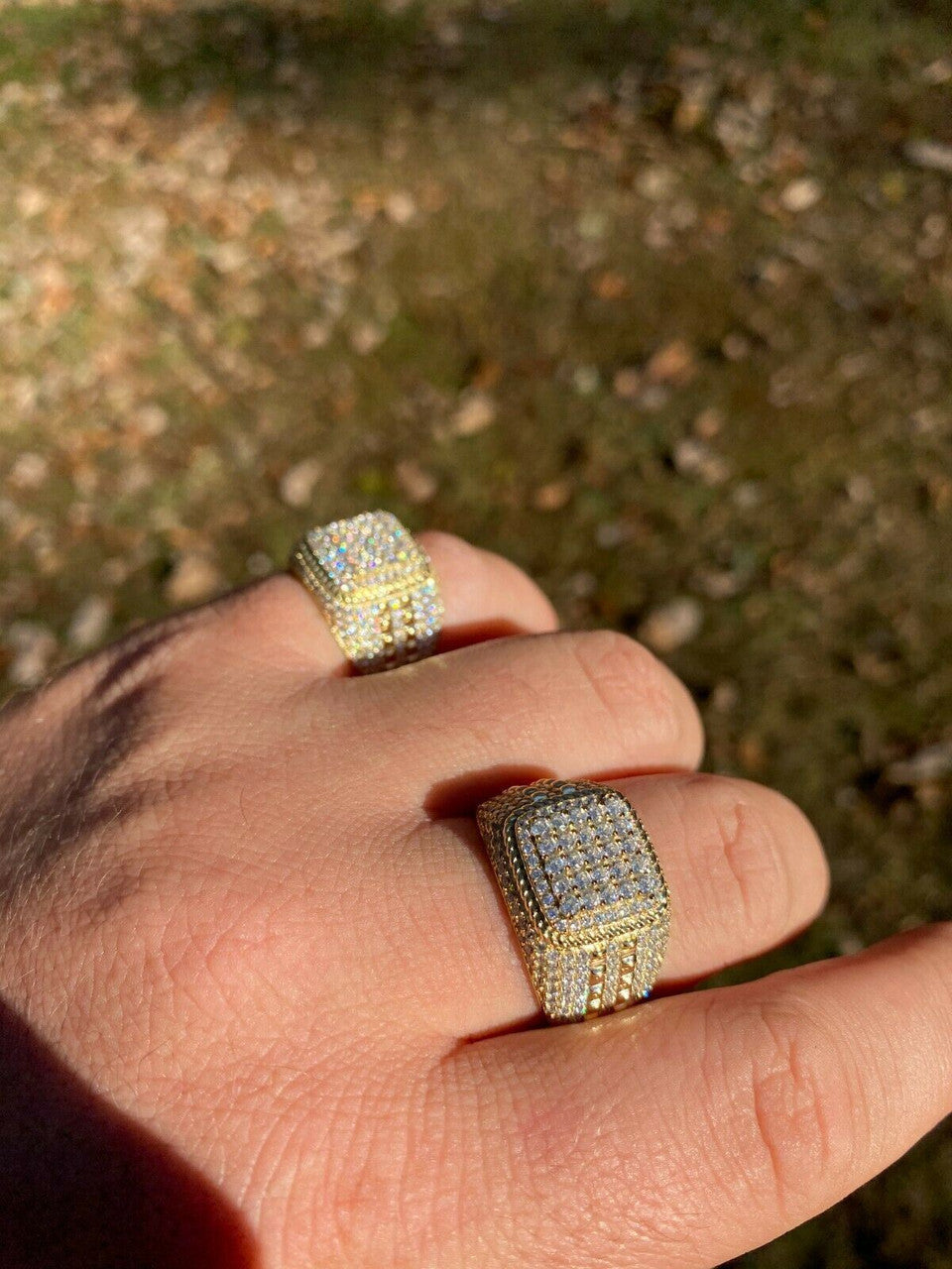 HarlemBling Mens Real 14k Gold and 925 Sterling Silver Ring Real Icy Cluster Hip Hop Pinky