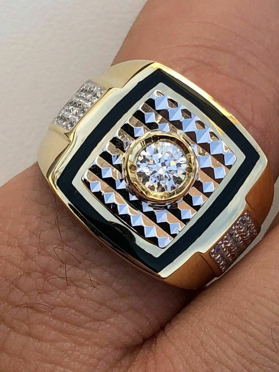 HarlemBling Mens REAL 14K Gold and Solid 925 Silver Solitaire Black Onyx and CZ Size 7-13 Pinky