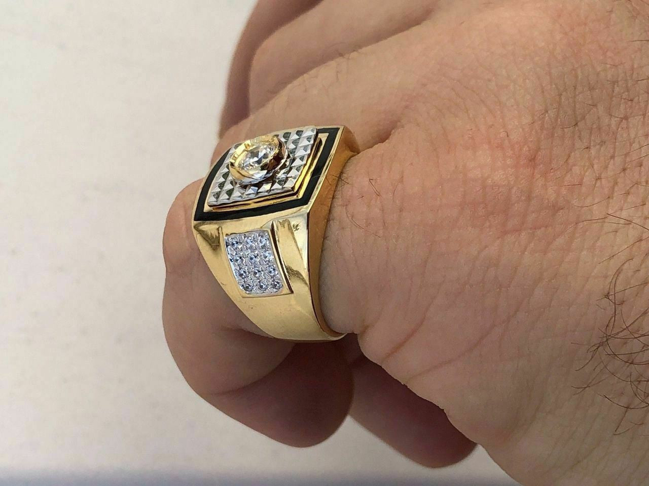 HarlemBling Mens REAL 14K Gold and Solid 925 Silver Solitaire Black Onyx and CZ Size 7-13 Pinky