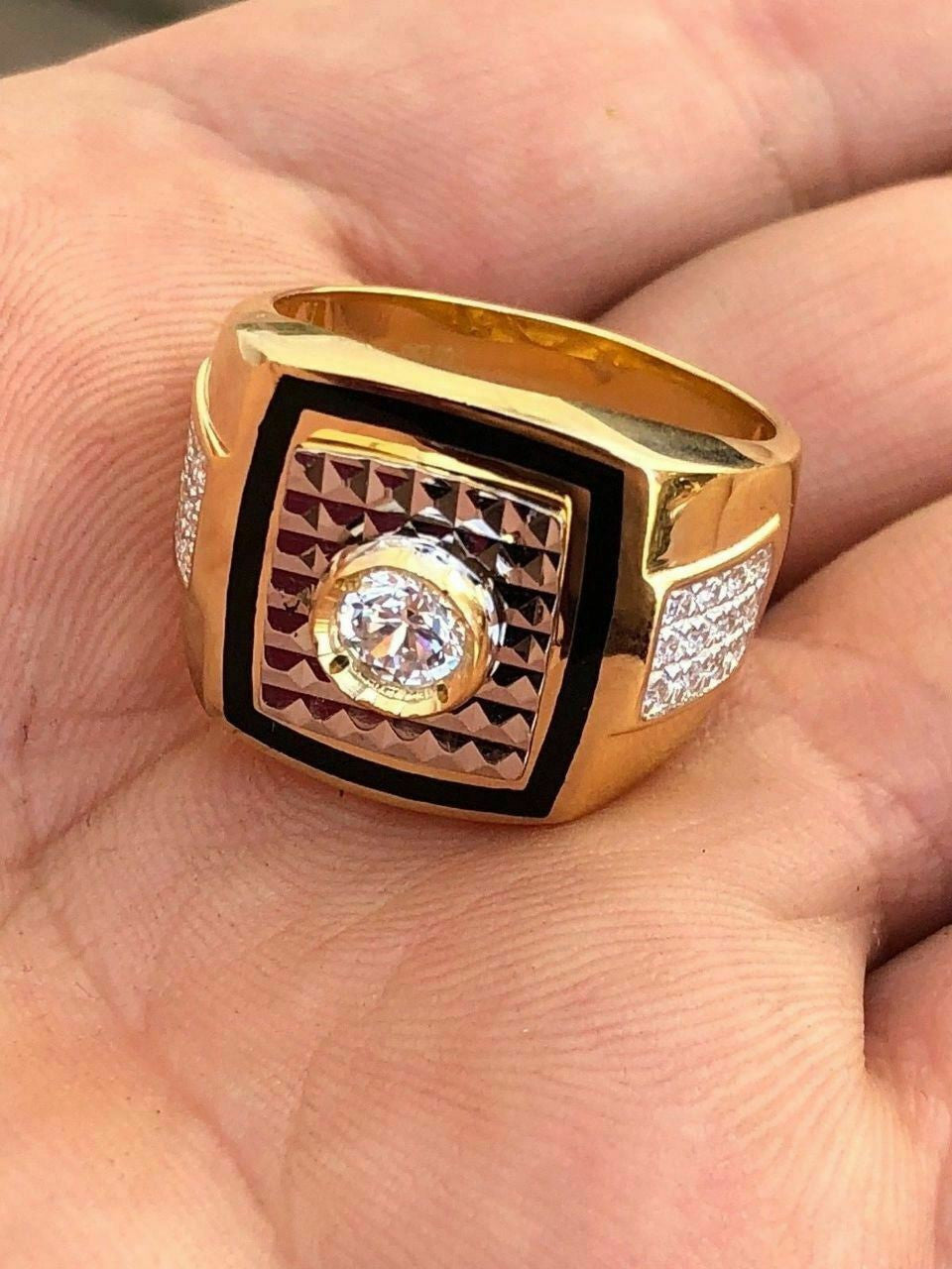 HarlemBling Mens REAL 14K Gold and Solid 925 Silver Solitaire Black Onyx and CZ Size 7-13 Pinky