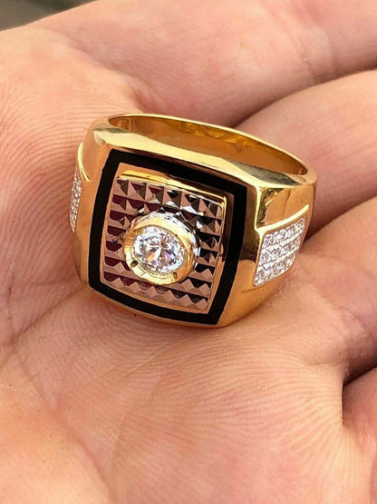 HarlemBling Mens REAL 14K Gold and Solid 925 Silver Solitaire Black Onyx and CZ Size 7-13 Pinky
