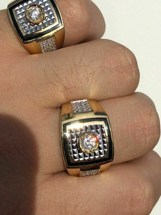 HarlemBling Mens REAL 14K Gold and Solid 925 Silver Solitaire Black Onyx and CZ Size 7-13 Pinky