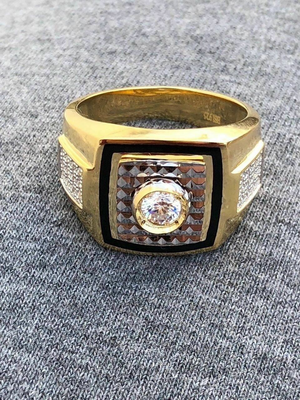 HarlemBling Mens REAL 14K Gold and Solid 925 Silver Solitaire Black Onyx and CZ Size 7-13 Pinky