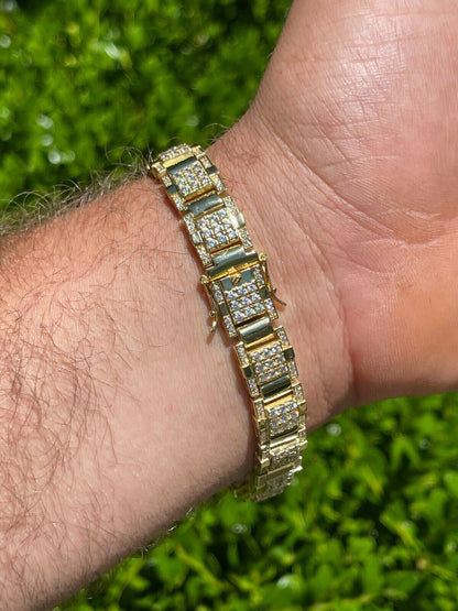 HarlemBling Mens Real 14k Gold Over 925 Silver Bracelet Iced Diamond Out Heavy 12mm Hip Hop