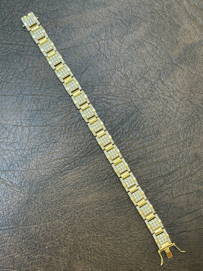 HarlemBling Mens Real 14k Gold Over 925 Silver Bracelet Iced Diamond Out Heavy 12mm Hip Hop