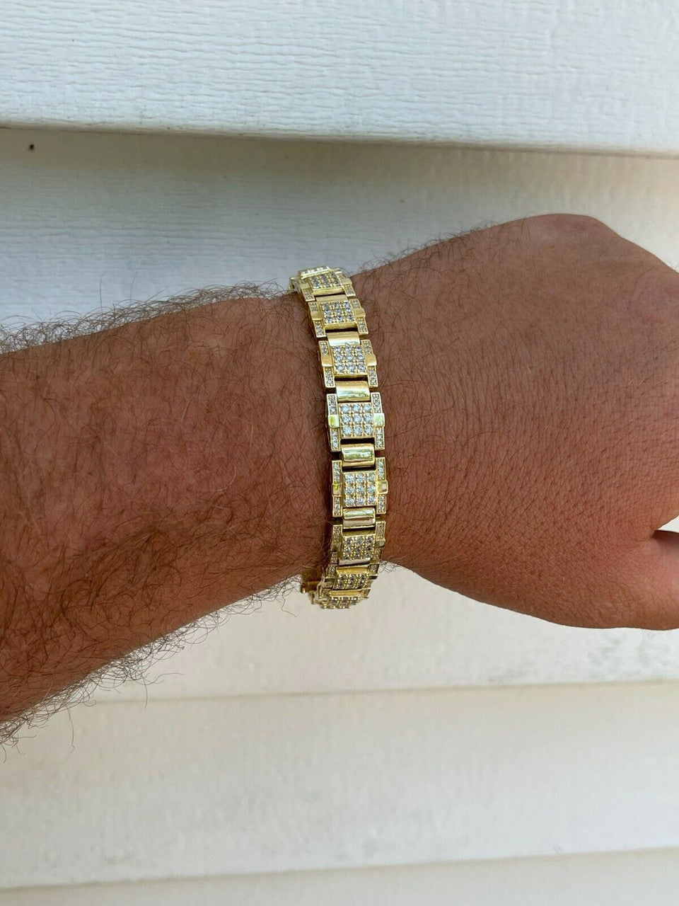 HarlemBling Mens Real 14k Gold Over 925 Silver Bracelet Iced Diamond Out Heavy 12mm Hip Hop