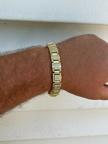 HarlemBling Mens Real 14k Gold Over 925 Silver Bracelet Iced Diamond Out Heavy 12mm Hip Hop