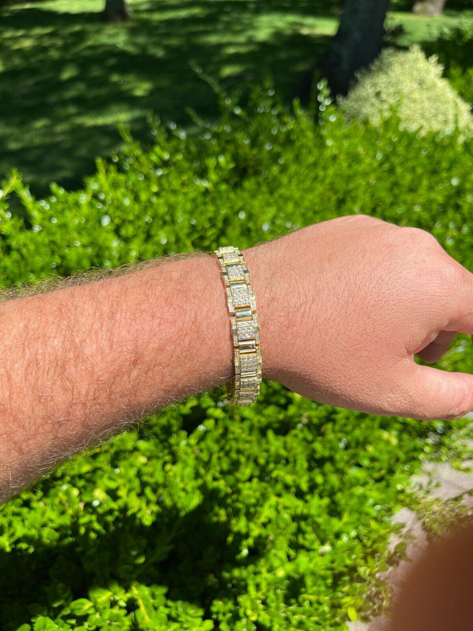 HarlemBling Mens Real 14k Gold Over 925 Silver Bracelet Iced Diamond Out Heavy 12mm Hip Hop