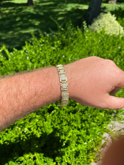 HarlemBling Mens Real 14k Gold Over 925 Silver Bracelet Iced Diamond Out Heavy 12mm Hip Hop