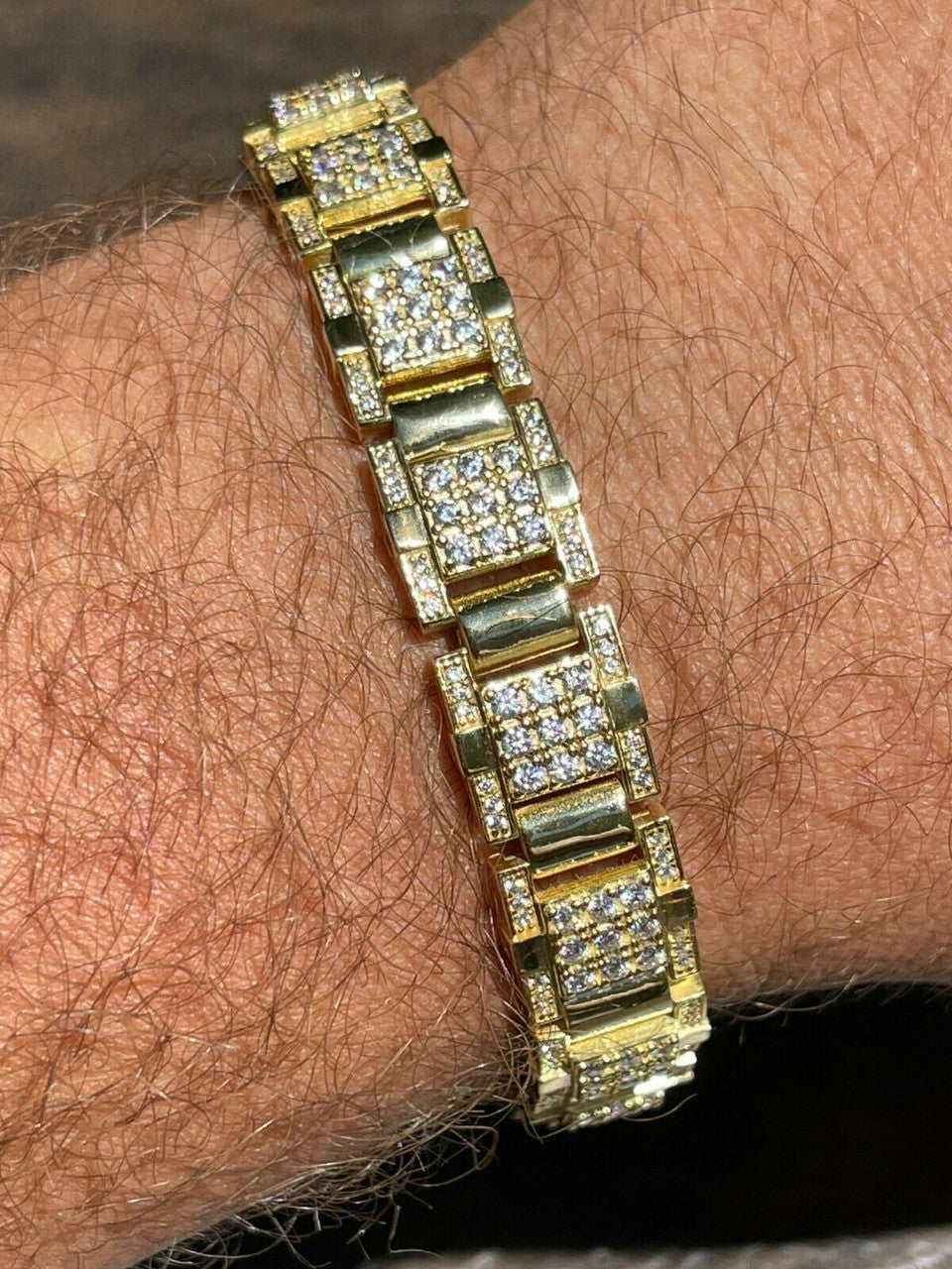 HarlemBling Mens Real 14k Gold Over 925 Silver Bracelet Iced Diamond Out Heavy 12mm Hip Hop
