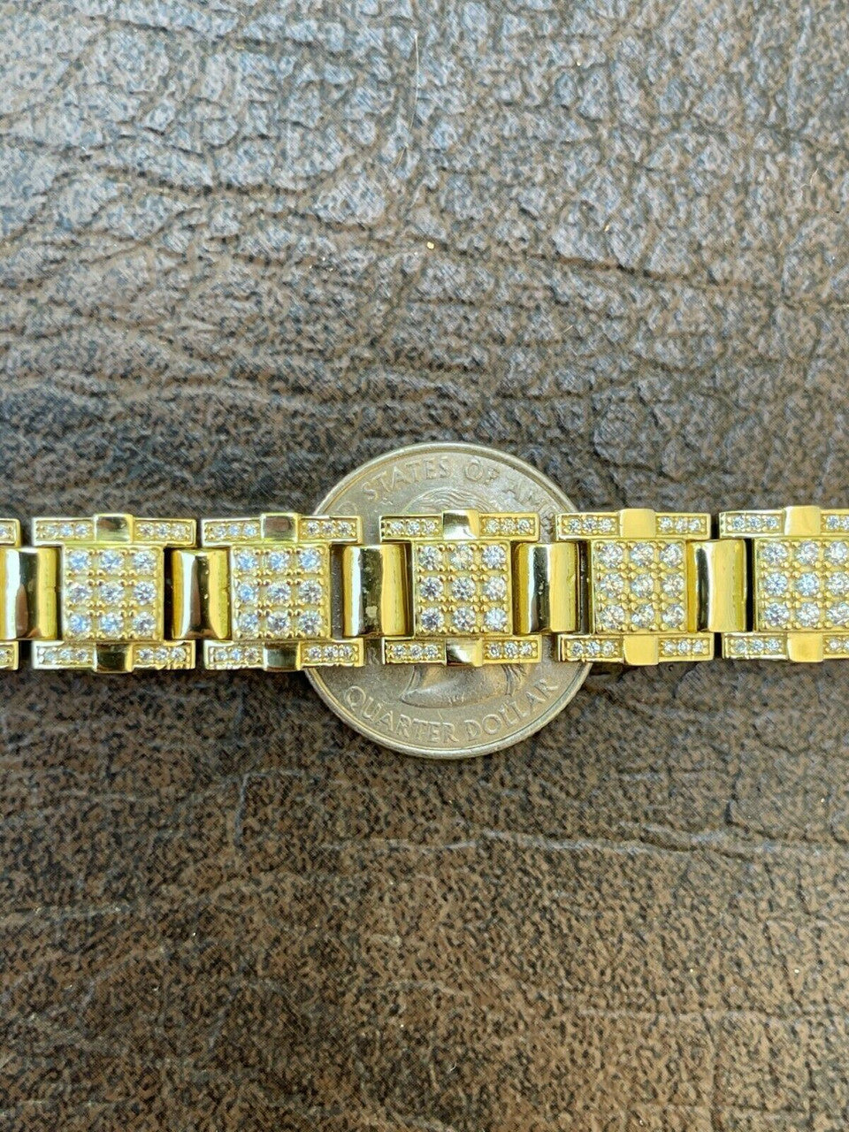 HarlemBling Mens Real 14k Gold Over 925 Silver Bracelet Iced Diamond Out Heavy 12mm Hip Hop