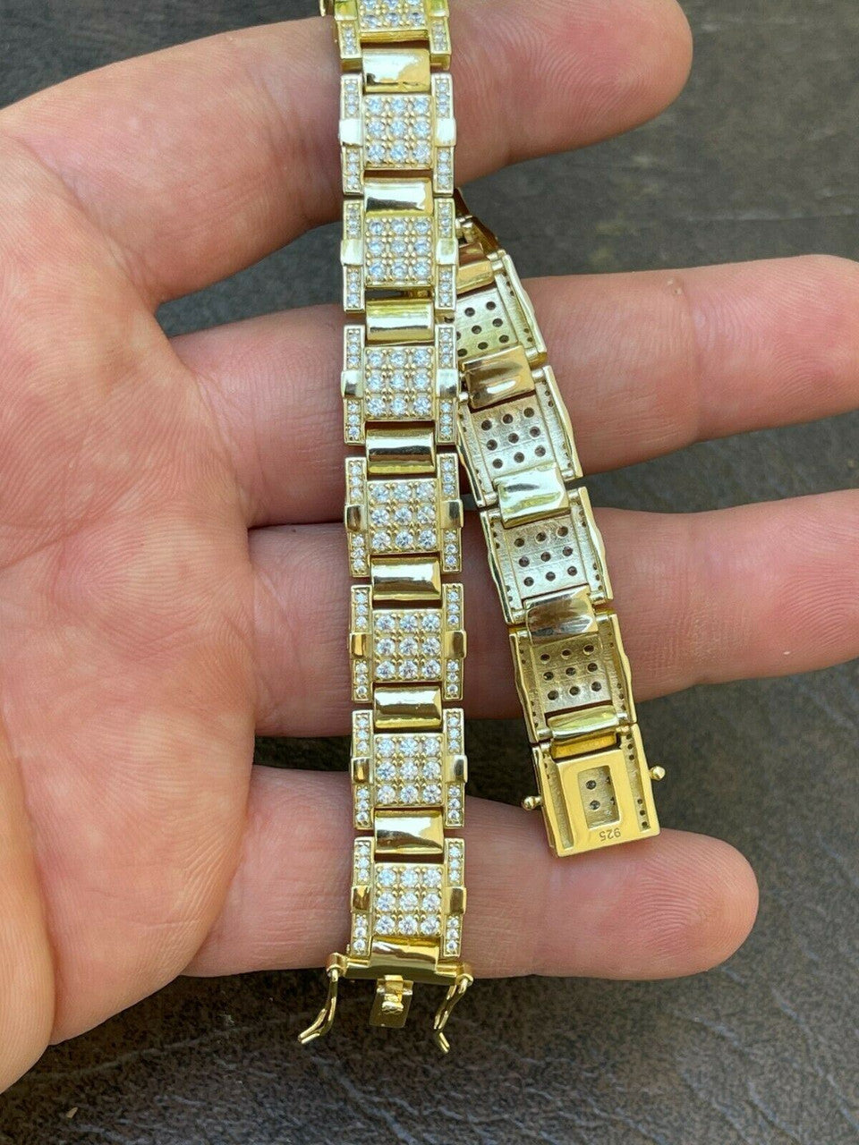 HarlemBling Mens Real 14k Gold Over 925 Silver Bracelet Iced Diamond Out Heavy 12mm Hip Hop