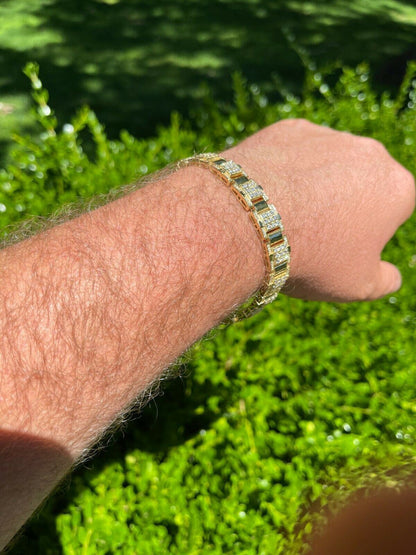 HarlemBling Mens Real 14k Gold Over 925 Silver Bracelet Iced Diamond Out Heavy 12mm Hip Hop