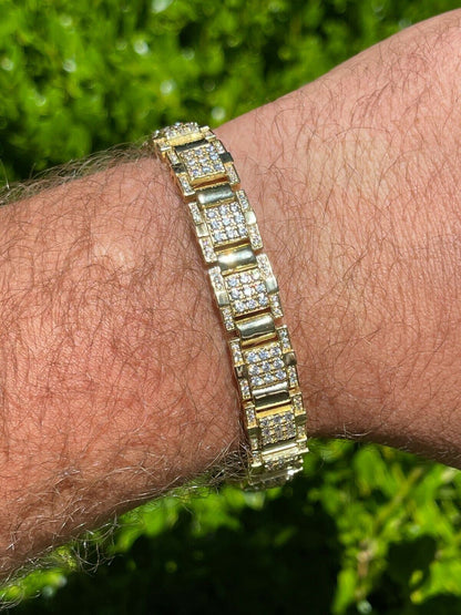 HarlemBling Mens Real 14k Gold Over 925 Silver Bracelet Iced Diamond Out Heavy 12mm Hip Hop