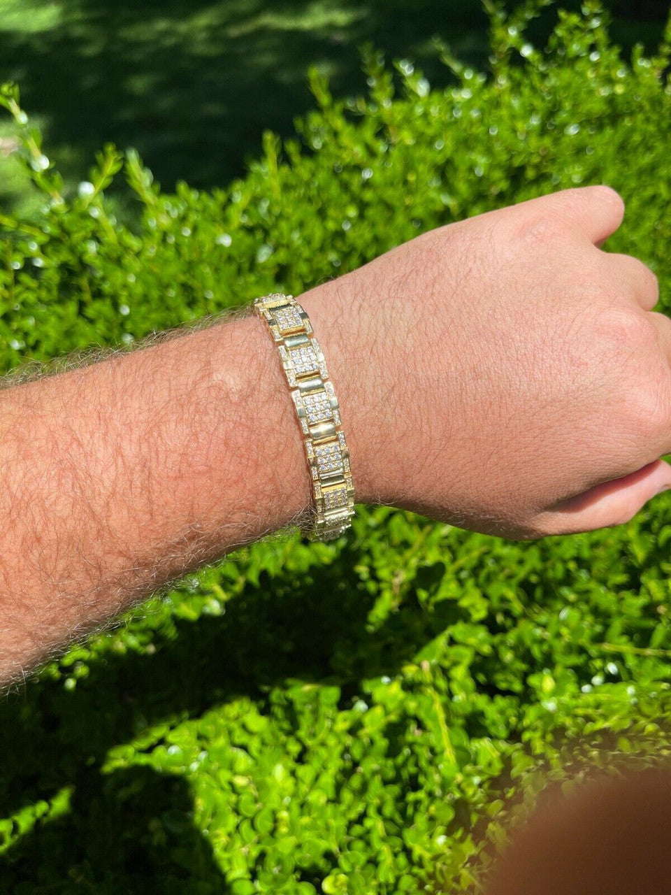 HarlemBling Mens Real 14k Gold Over 925 Silver Bracelet Iced Diamond Out Heavy 12mm Hip Hop