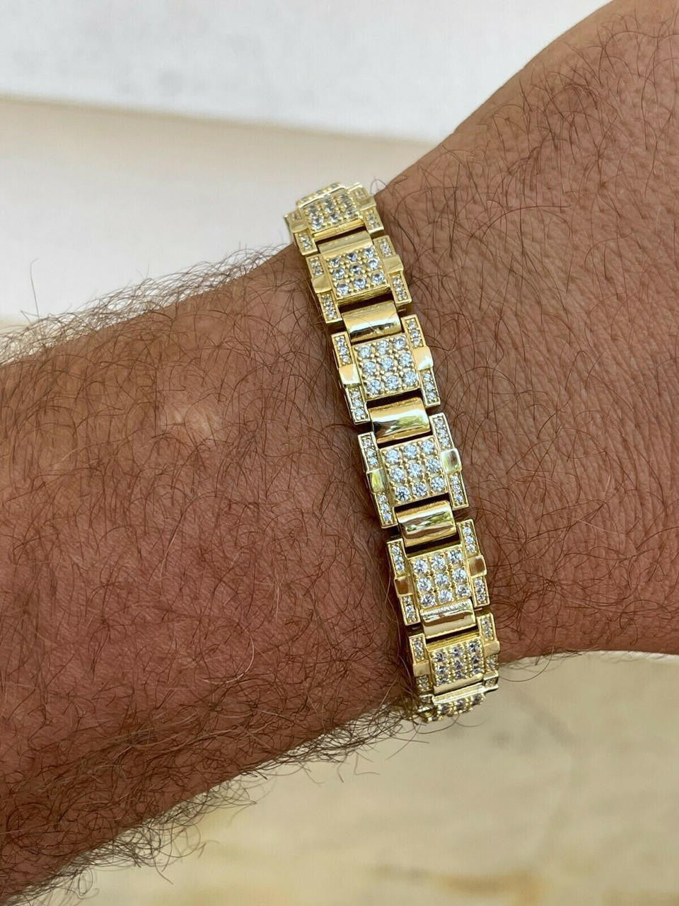 HarlemBling Mens Real 14k Gold Over 925 Silver Bracelet Iced Diamond Out Heavy 12mm Hip Hop