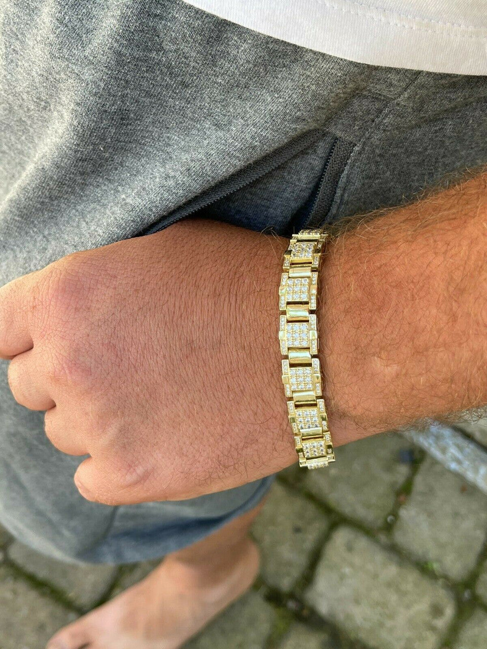 HarlemBling Mens Real 14k Gold Over 925 Silver Bracelet Iced Diamond Out Heavy 12mm Hip Hop