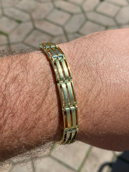 HarlemBling Mens Real 14k Gold Over 925 Sterling Silver Presidential Link Bracelet 10mm