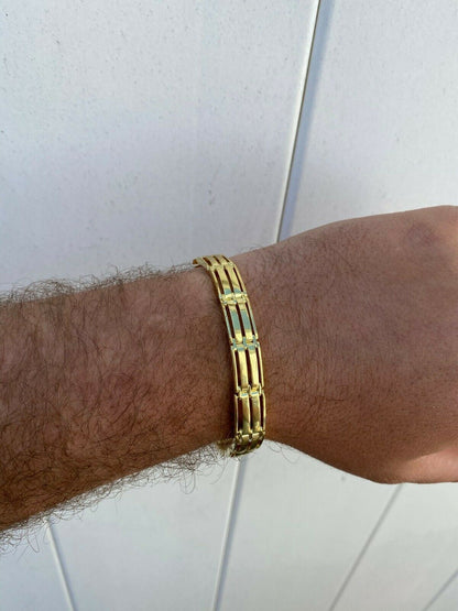 HarlemBling Mens Real 14k Gold Over 925 Sterling Silver Presidential Link Bracelet 10mm