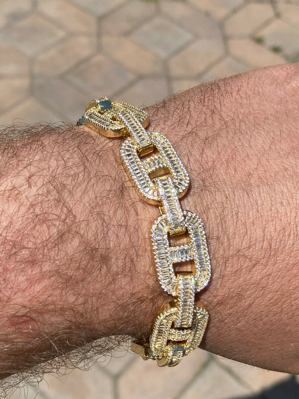 HarlemBling Mens Real 14k Gold Over Solid 925 Silver Baguette Gucci Link Bracelet Iced 15mm
