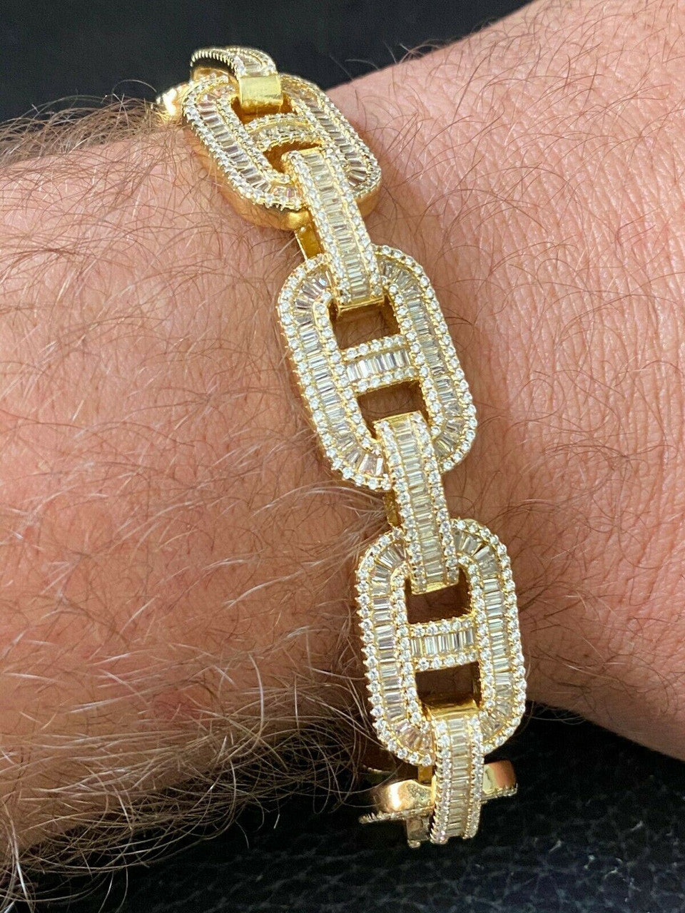 HarlemBling Mens Real 14k Gold Over Solid 925 Silver Baguette Gucci Link Bracelet Iced 15mm
