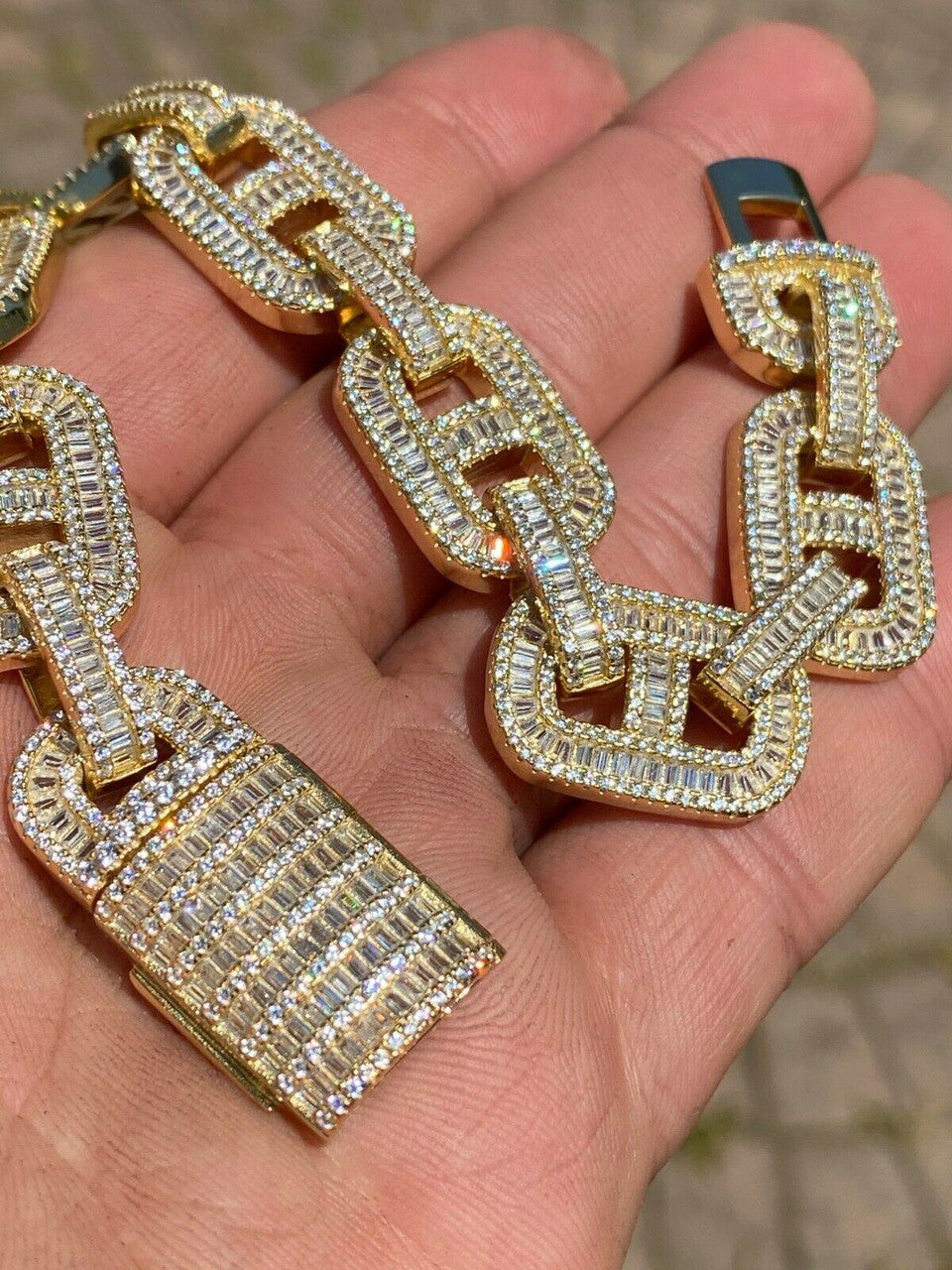 HarlemBling Mens Real 14k Gold Over Solid 925 Silver Baguette Gucci Link Bracelet Iced 15mm