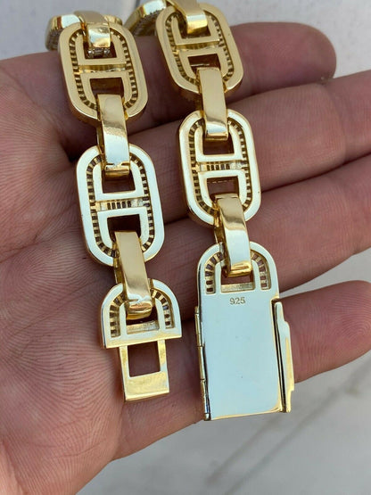 HarlemBling Mens Real 14k Gold Over Solid 925 Silver Baguette Gucci Link Bracelet Iced 15mm