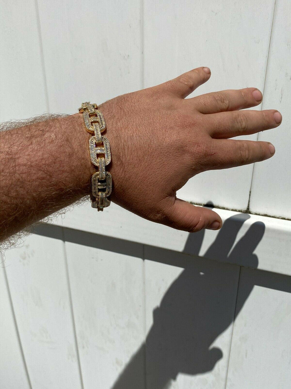 HarlemBling Mens Real 14k Gold Over Solid 925 Silver Baguette Gucci Link Bracelet Iced 15mm