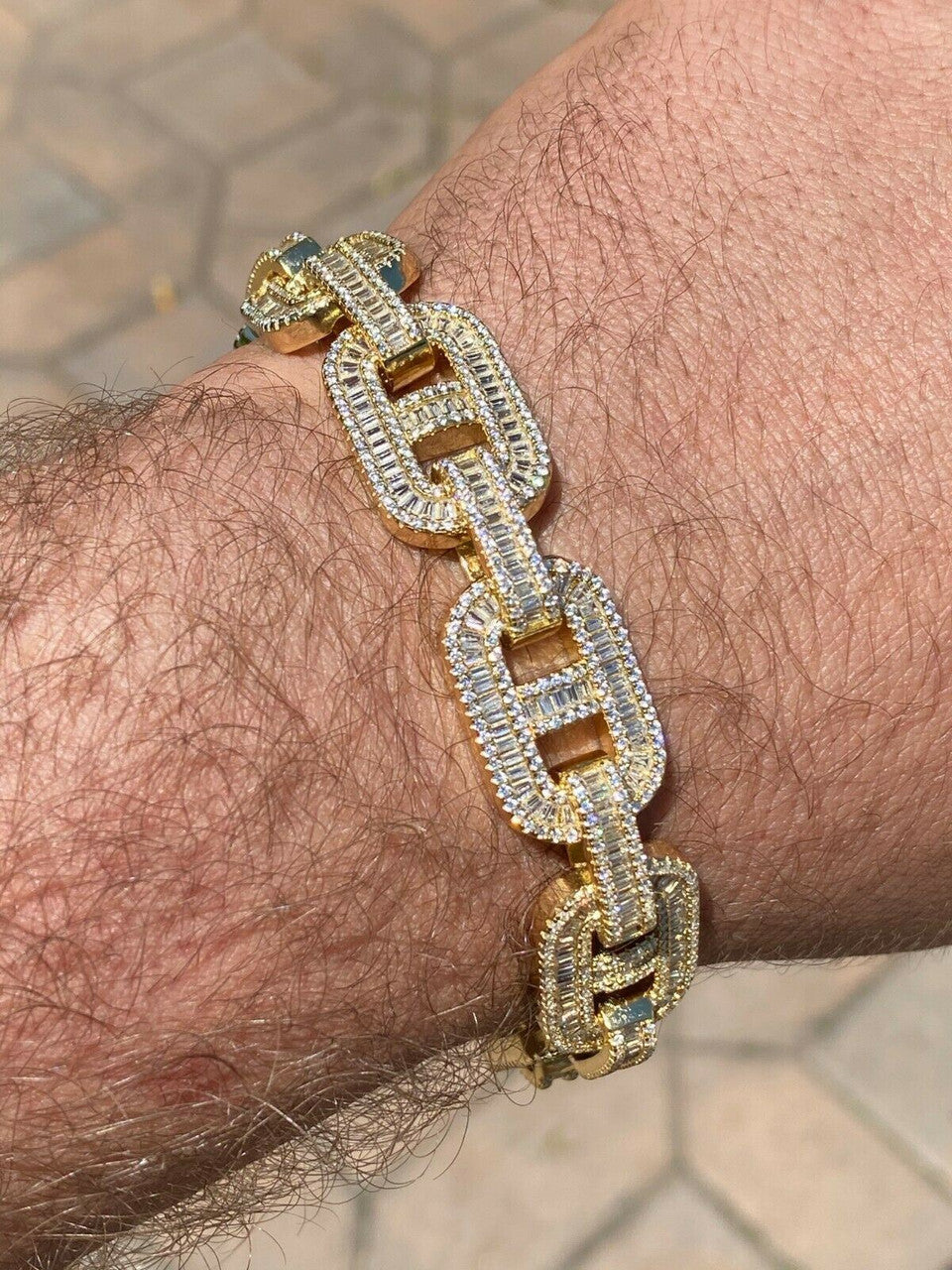 HarlemBling Mens Real 14k Gold Over Solid 925 Silver Baguette Gucci Link Bracelet Iced 15mm