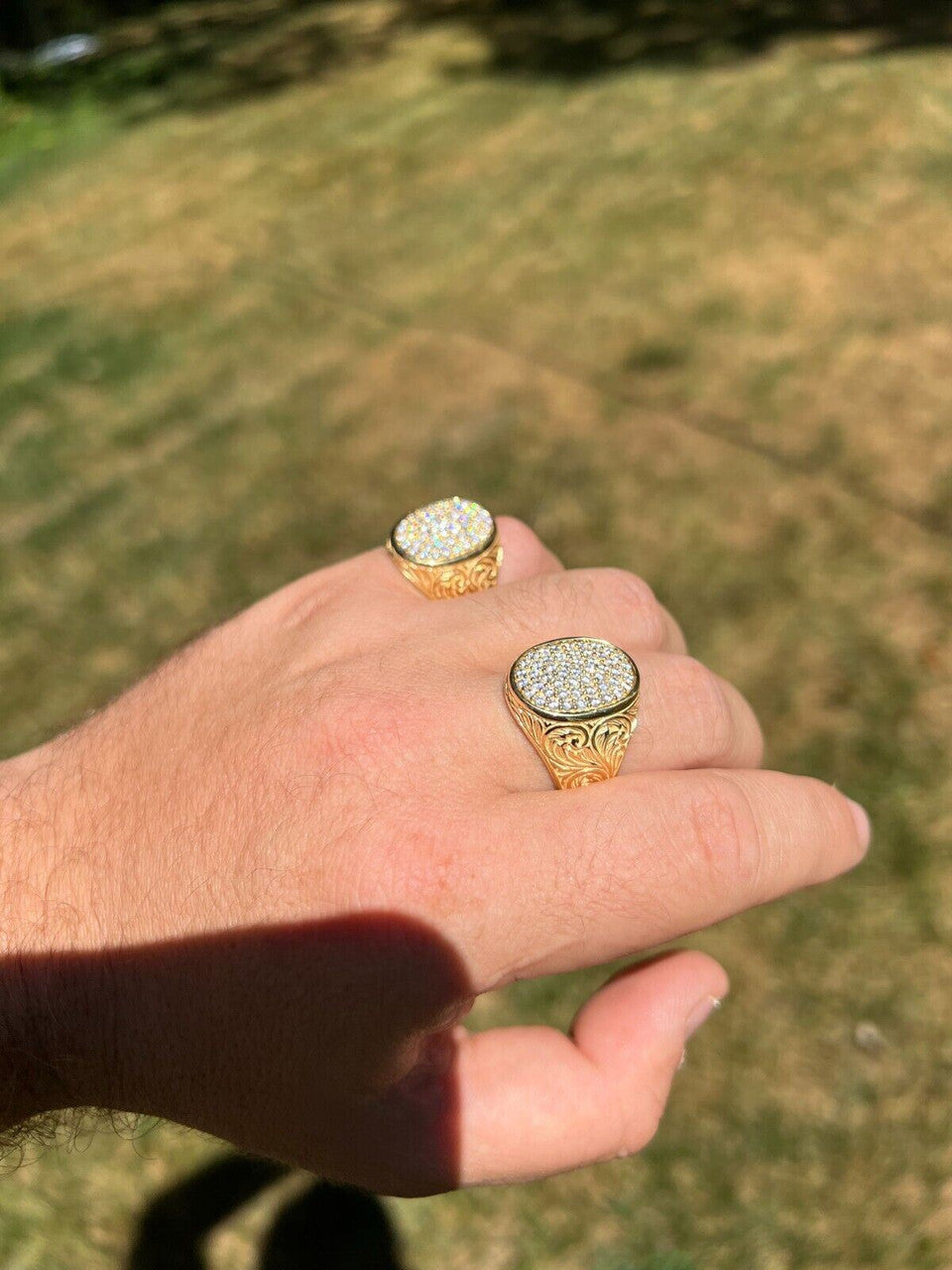 HarlemBling Mens Real 14K Gold Plated 925 Silver Iced CZ Pinky Ring Hip Hop 7 8 9 10 11 12