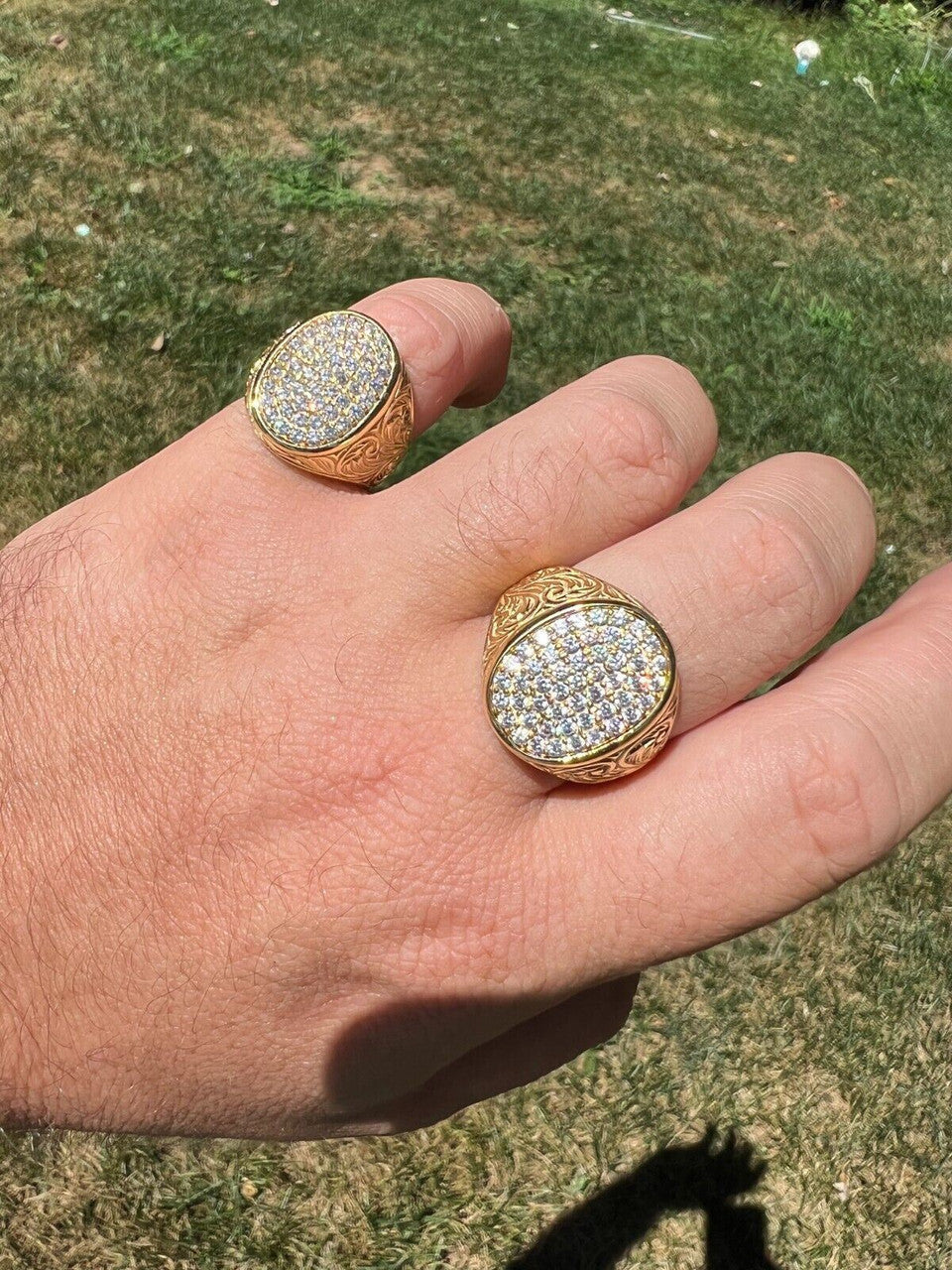 HarlemBling Mens Real 14K Gold Plated 925 Silver Iced CZ Pinky Ring Hip Hop 7 8 9 10 11 12