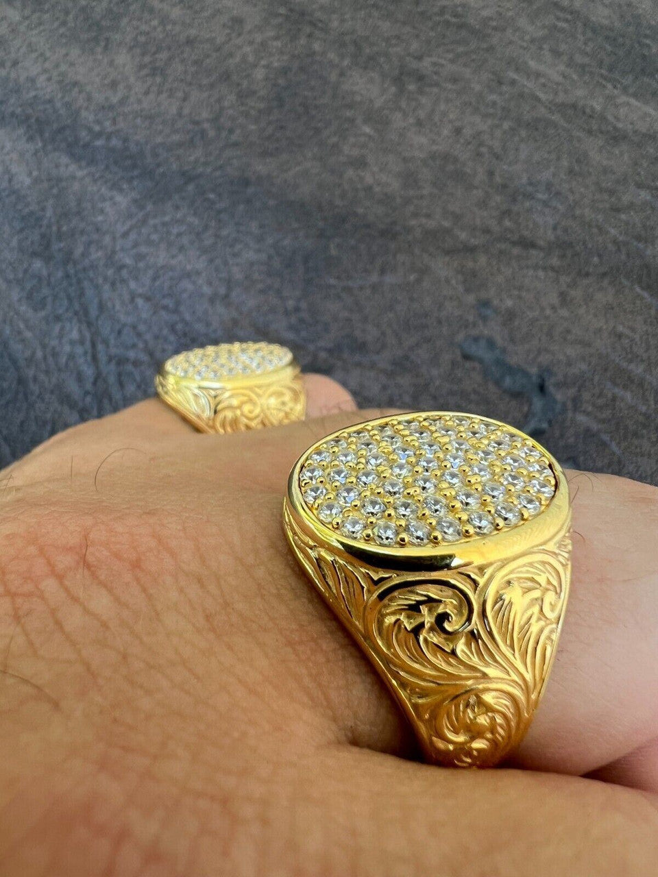 HarlemBling Mens Real 14K Gold Plated 925 Silver Iced CZ Pinky Ring Hip Hop 7 8 9 10 11 12