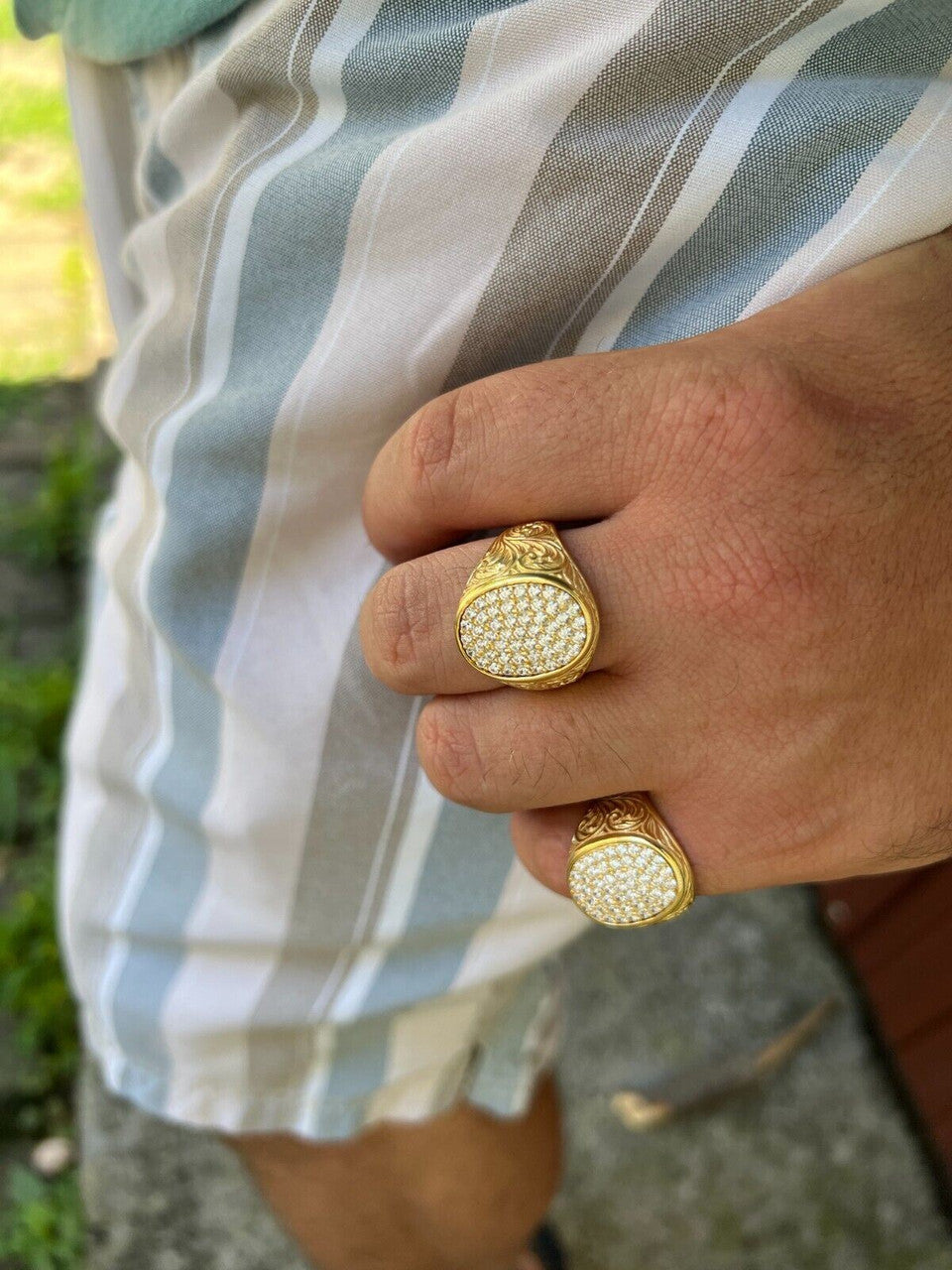 HarlemBling Mens Real 14K Gold Plated 925 Silver Iced CZ Pinky Ring Hip Hop 7 8 9 10 11 12