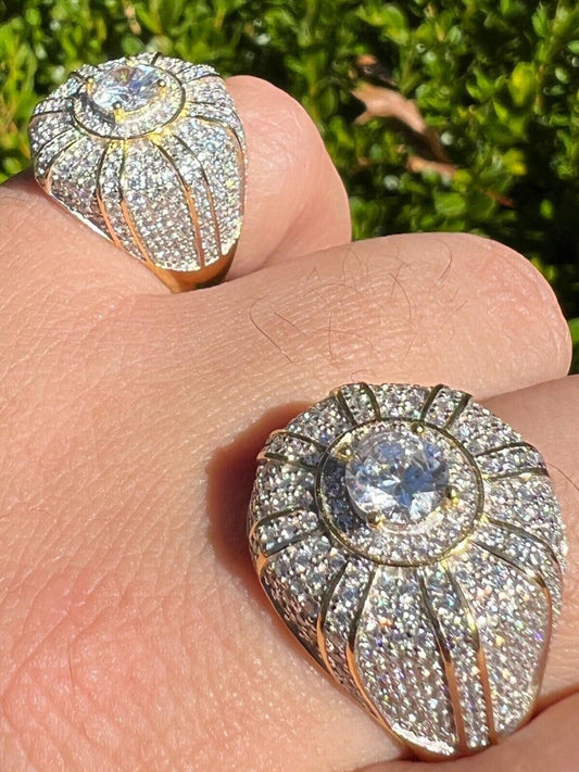 HarlemBling Mens Real 14k Gold Plated 925 Silver Iced CZ Solitaire Crown Pinky Ring Hip Hop