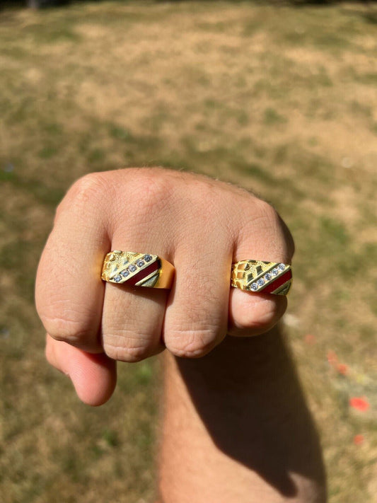 HarlemBling Mens Real 14K Gold Plated 925 Silver Nugget Red Ruby Iced CZ Ring Hip Hop Pinky