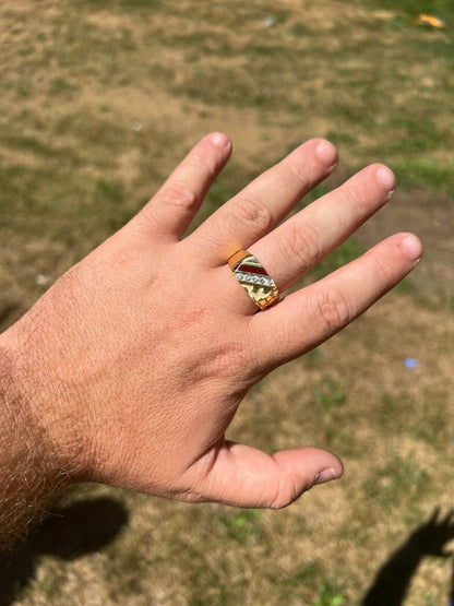 HarlemBling Mens Real 14K Gold Plated 925 Silver Nugget Red Ruby Iced CZ Ring Hip Hop Pinky