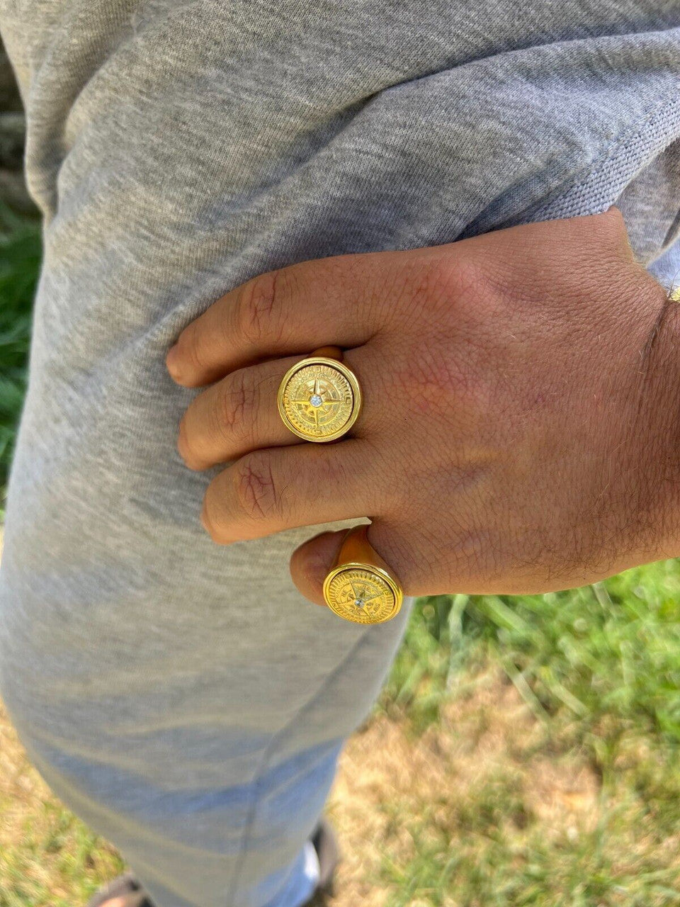 HarlemBling Mens Real 14K Gold Plated 925 Silver Sailor Navigational North Star Compass Ring