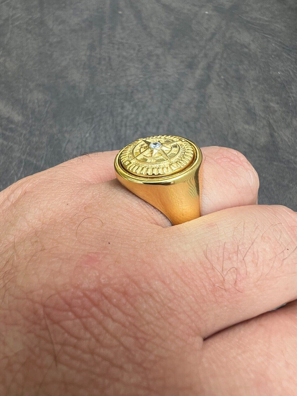 HarlemBling Mens Real 14K Gold Plated 925 Silver Sailor Navigational North Star Compass Ring