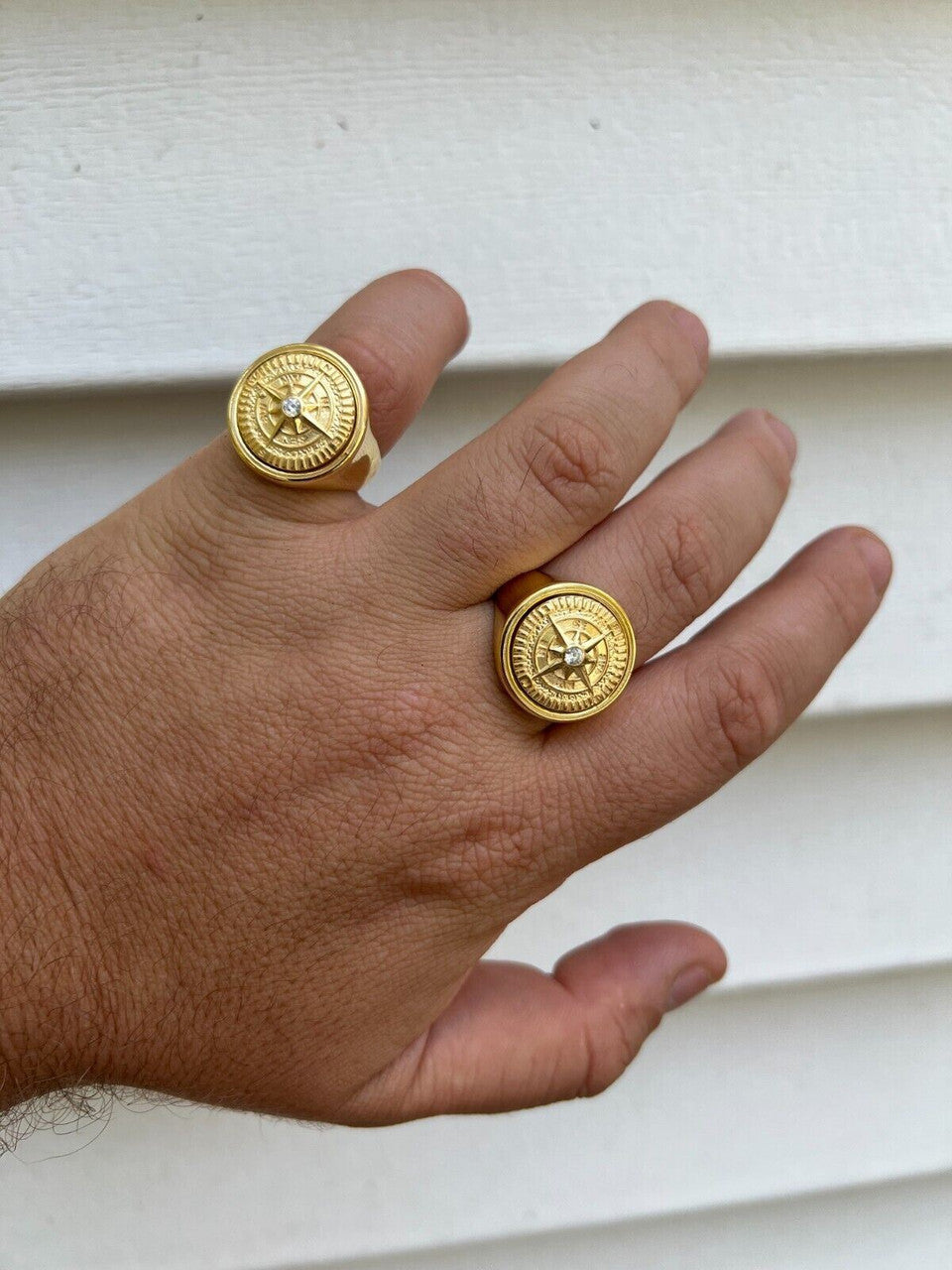 HarlemBling Mens Real 14K Gold Plated 925 Silver Sailor Navigational North Star Compass Ring