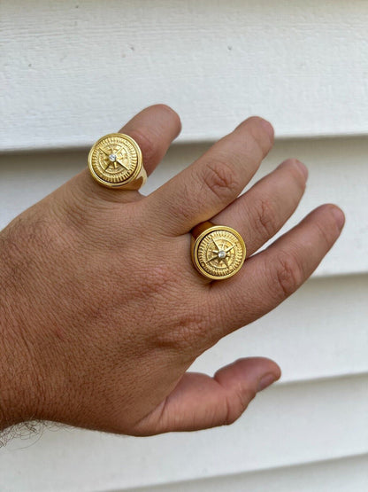 HarlemBling Mens Real 14K Gold Plated 925 Silver Sailor Navigational North Star Compass Ring
