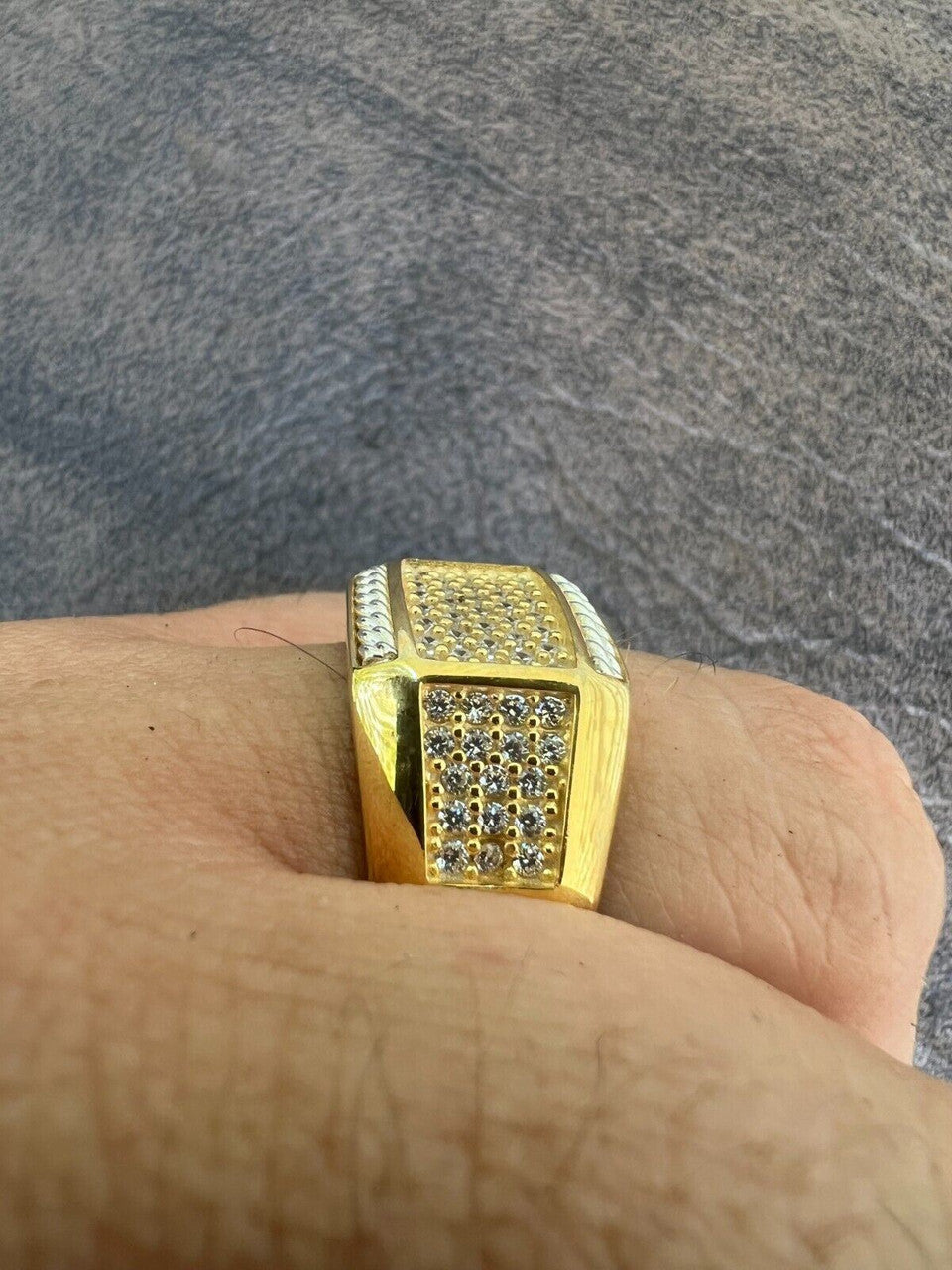 HarlemBling Mens Real 14k Gold Plated Solid 925 Sterling Silver Iced CZ Ring Hip Hop Cuban