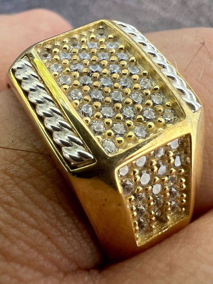 HarlemBling Mens Real 14k Gold Plated Solid 925 Sterling Silver Iced CZ Ring Hip Hop Cuban
