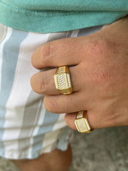 HarlemBling Mens Real 14k Gold Plated Solid 925 Sterling Silver Iced CZ Ring Hip Hop Cuban