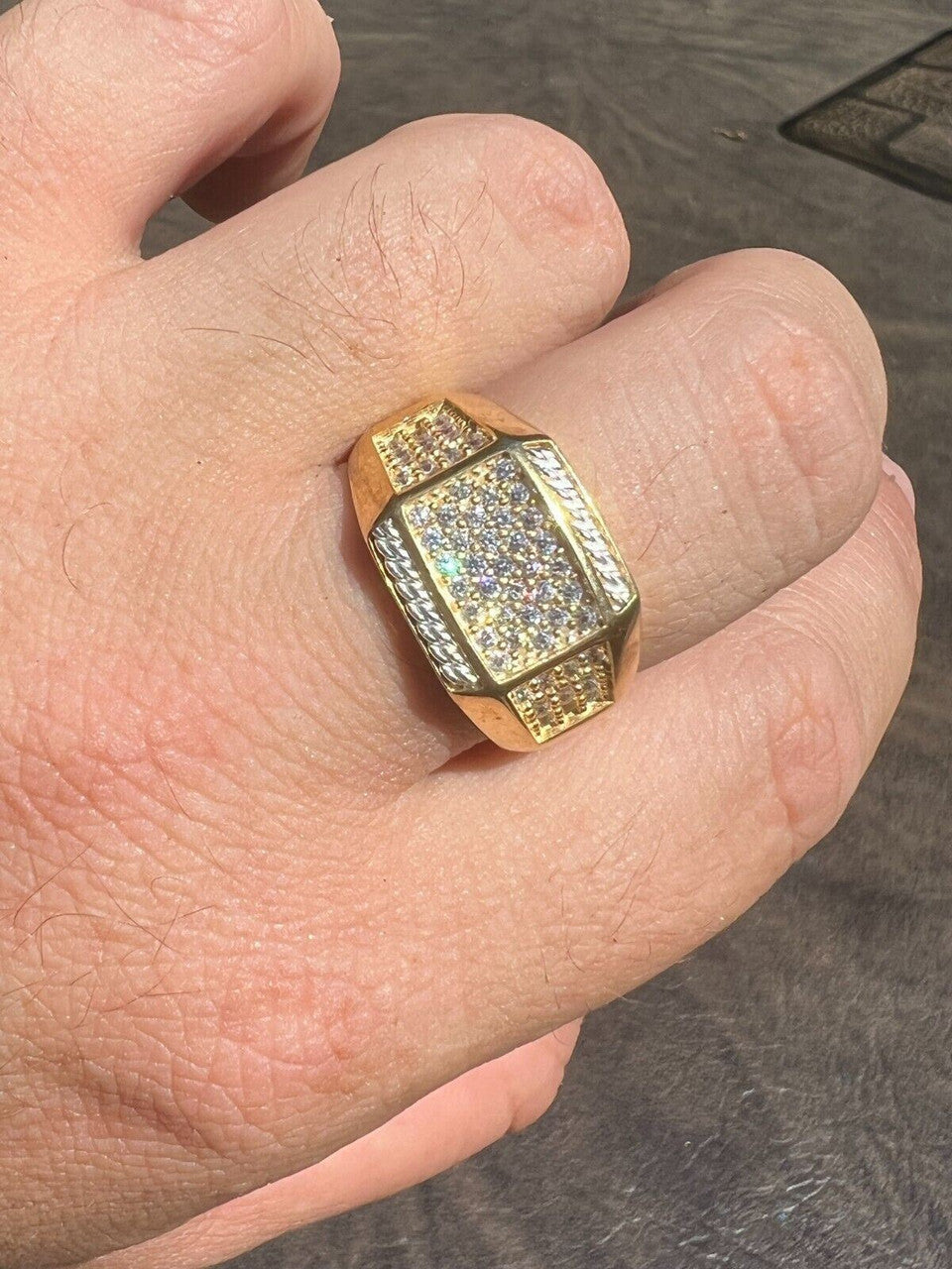 HarlemBling Mens Real 14k Gold Plated Solid 925 Sterling Silver Iced CZ Ring Hip Hop Cuban