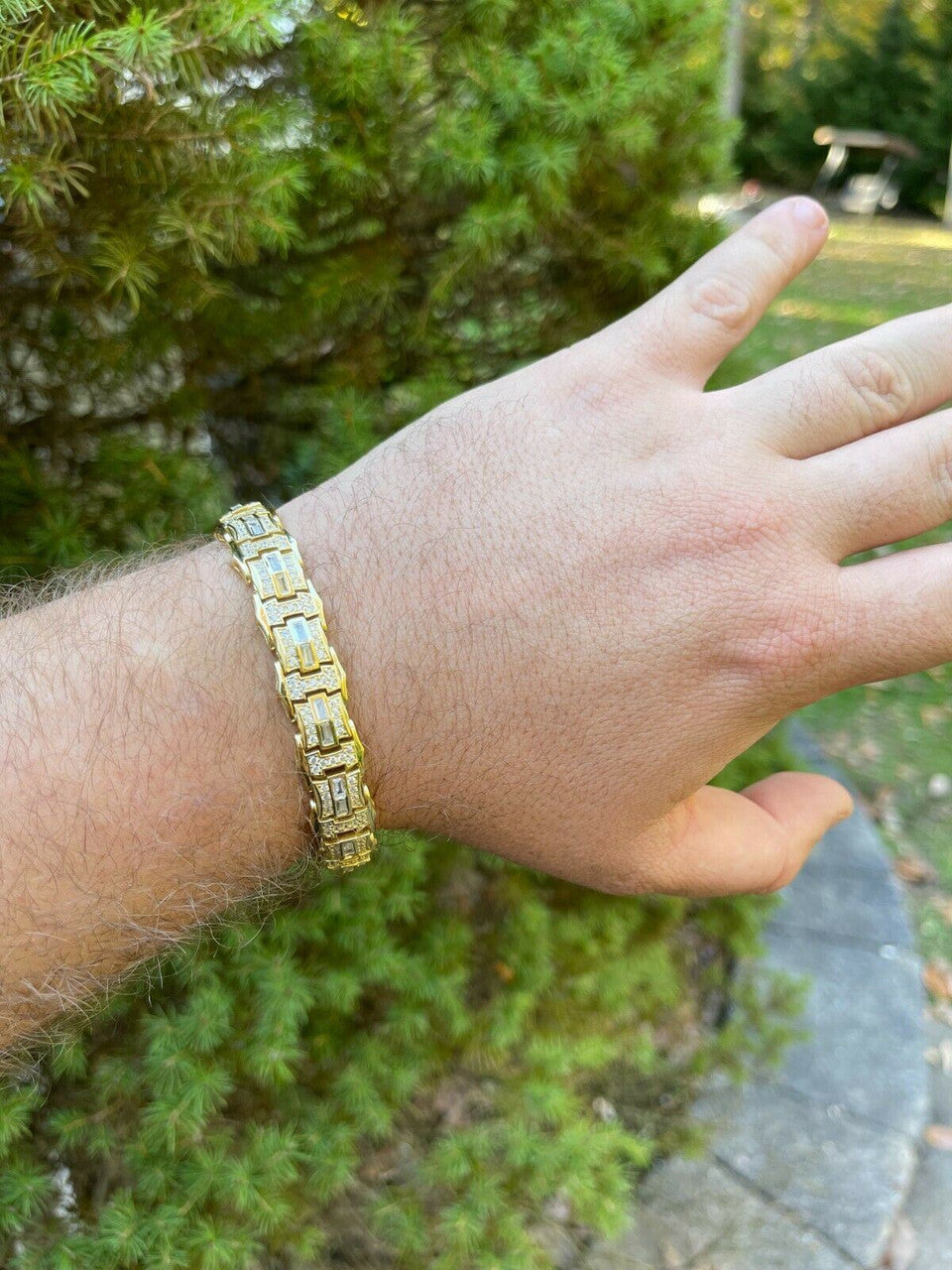 HarlemBling Mens Real 14k Gold Vermeil 925 Silver Iced Baguette Hip Hop Diamond Bracelet