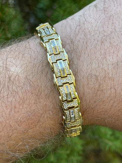 HarlemBling Mens Real 14k Gold Vermeil 925 Silver Iced Baguette Hip Hop Diamond Bracelet