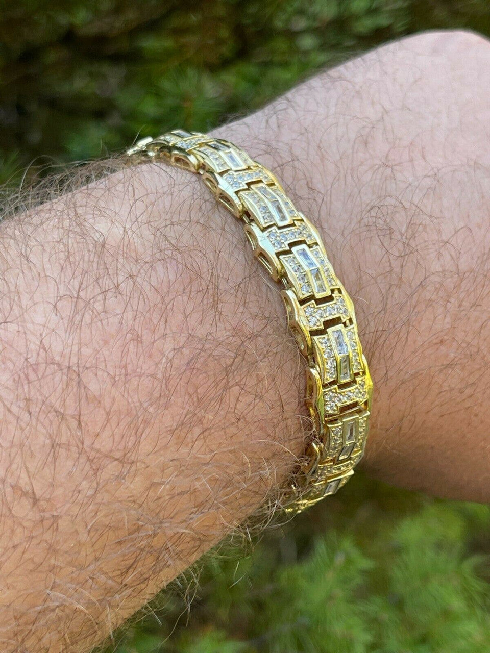 HarlemBling Mens Real 14k Gold Vermeil 925 Silver Iced Baguette Hip Hop Diamond Bracelet
