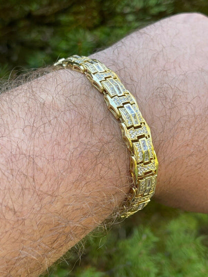 HarlemBling Mens Real 14k Gold Vermeil 925 Silver Iced Baguette Hip Hop Diamond Bracelet