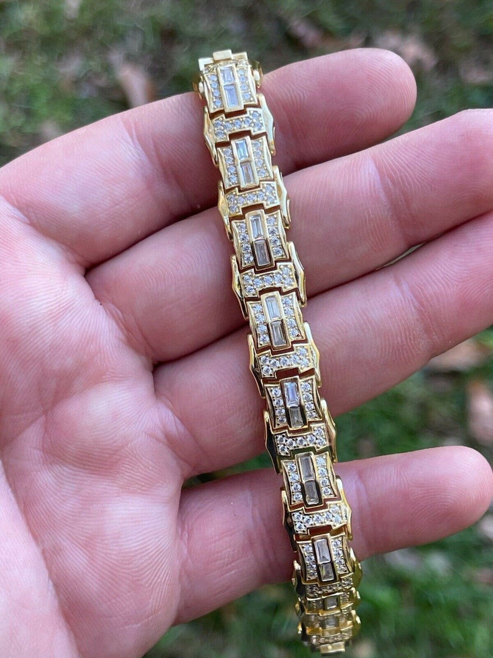 HarlemBling Mens Real 14k Gold Vermeil 925 Silver Iced Baguette Hip Hop Diamond Bracelet