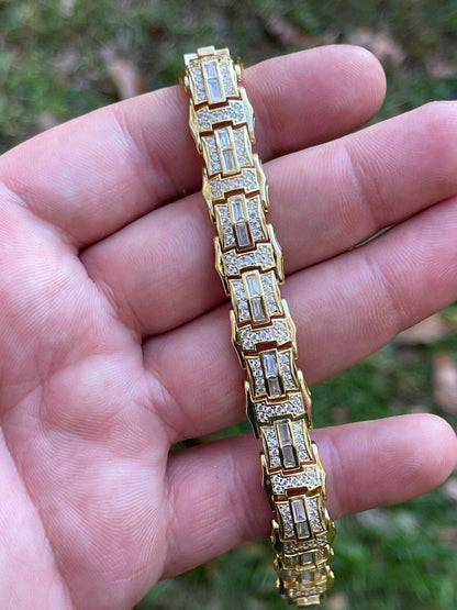 HarlemBling Mens Real 14k Gold Vermeil 925 Silver Iced Baguette Hip Hop Diamond Bracelet